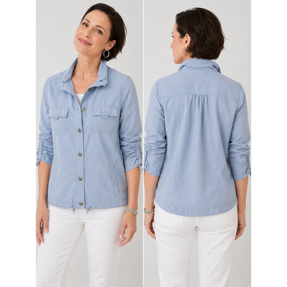 Chico's Light Blue Utility Jacket Ruched Sleeves Drawstring Hem Size 1 M